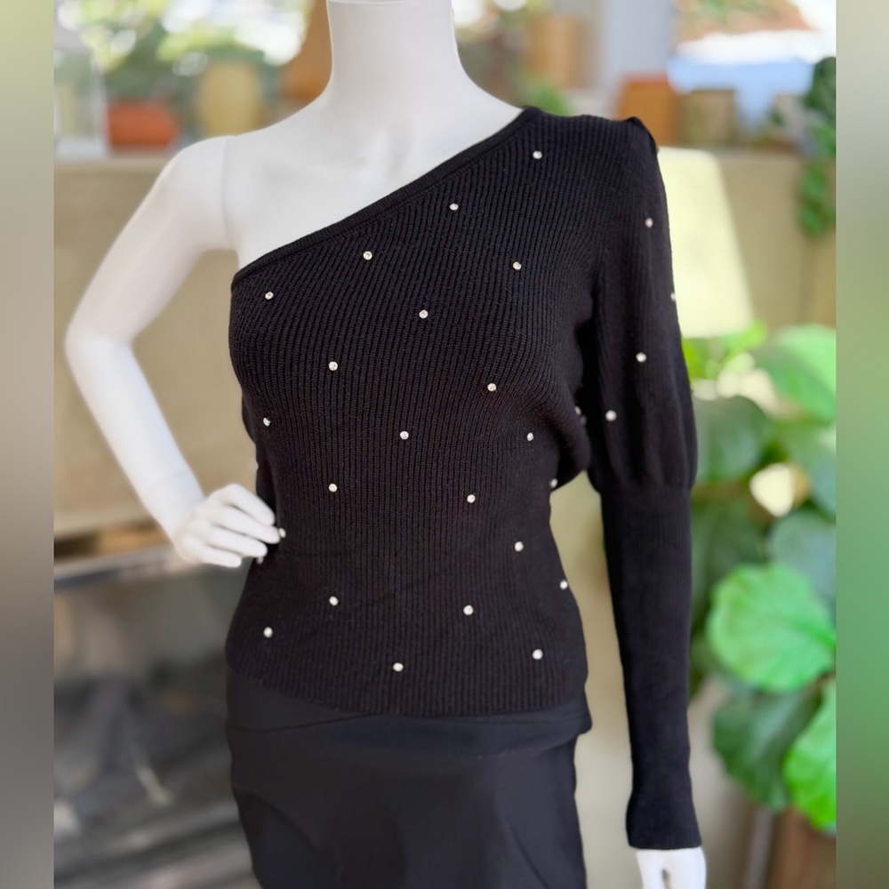 Anthropologie Black Studded Rhinestone One Shoulder Sweater Small
